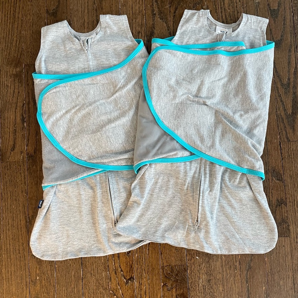 Halo SleepSack Swaddle Ideal Temp Set of 2 Newborn 0-3 month Gray with Aqua Trim